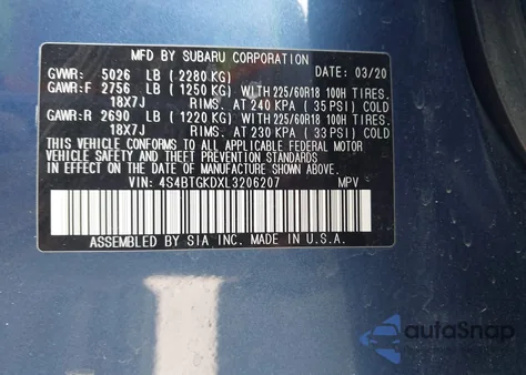 2020 Subaru Outback Onyx Edition Xt z USA, uszkodzony, nr VIN 4S4BTGKDXL3206207